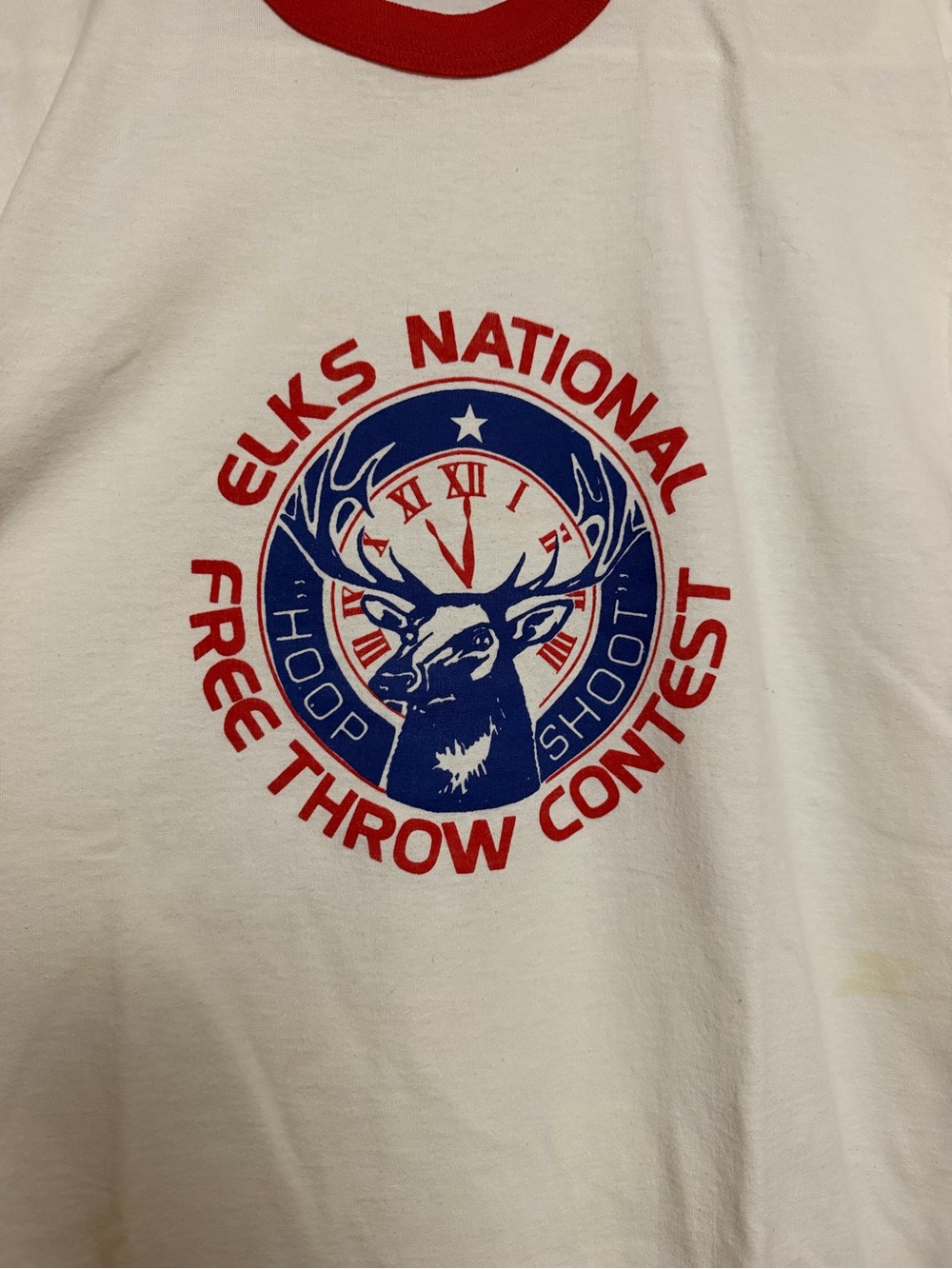 Screen Stars White Ringer Tee with Red Collar and Blue/Red Elk Graphic